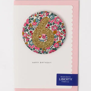 Glittery Liberty Fabric Birthday Badge with Number 6 in Betsy Ann Dark Pink Print on A6 Portrait Card.