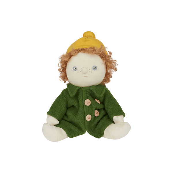 Olli Ella Dress Me Dinky Charlie Chestnut doll in green coat and yellow beanie, ready for imaginative adventures.