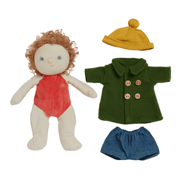 Olli Ella Dress Me Dinky Charlie Chestnut with green trench coat, yellow beanie, and denim shorts ready for adventures.