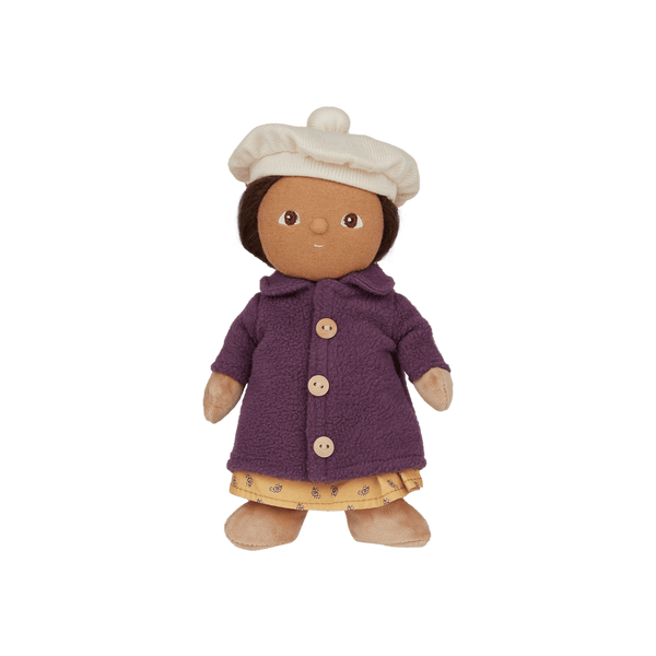 Olli Ella Dress Me Dinky doll in purple coat and white beanie, ready for adventure in Lila Lavender style.