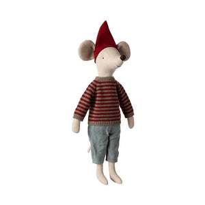 Maileg Christmas Mouse Maxi Boy in festive red pixy hat, striped knitted jumper, and cosy trousers for holiday pre-order.