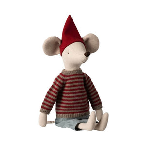 Maileg Christmas Mouse Maxi Boy in red pixy hat and striped jumper on white background.