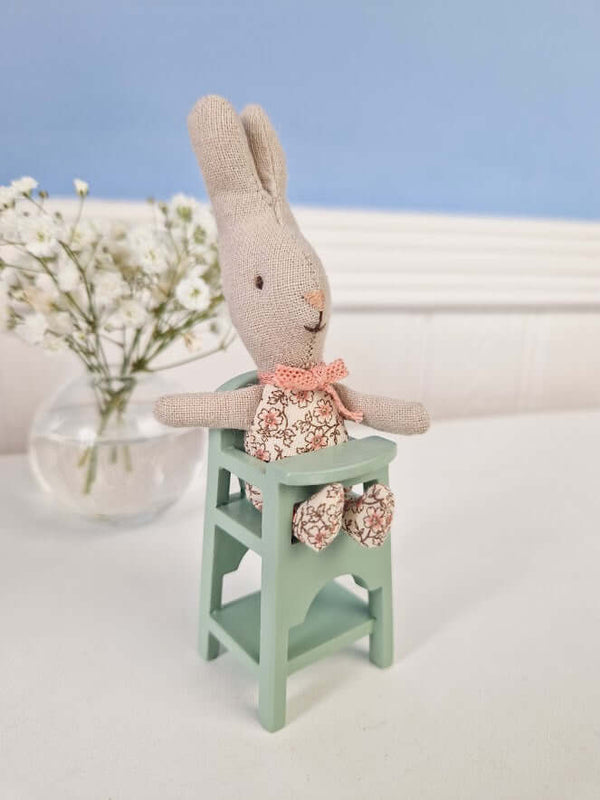 Maileg Mint High Chair for Mice and MY Rabbits with Adorable Stuffed Bunny Plush in Floral Outfit