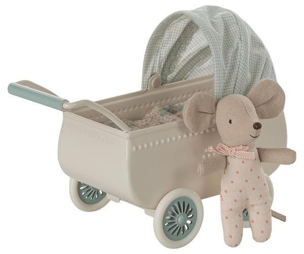 *PRE-ORDER* Maileg,  Pram with Baby Mouse - Mint (DUE END MARCH)