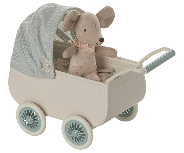 *PRE-ORDER* Maileg,  Pram with Baby Mouse - Mint (DUE END MARCH)