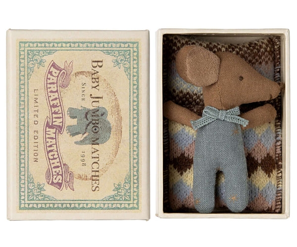 Maileg, Sleepy Wakey Baby Mouse in Matchbox - Blue