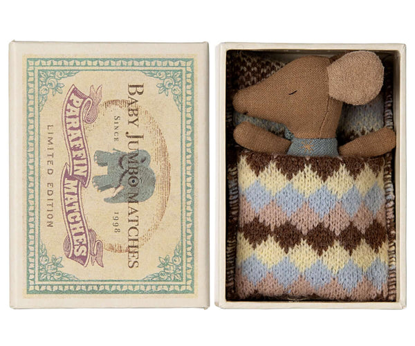 Maileg, Sleepy Wakey Baby Mouse in Matchbox - Blue