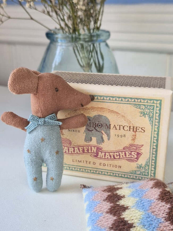 Maileg, Sleepy Wakey Baby Mouse in Matchbox - Blue