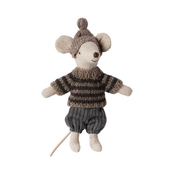 Adorable Maileg Winter Mouse Big Brother in blue knitted jumper, matching hat, and trousers, ready for ski adventures! Pre-order now!