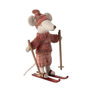 Maileg Big Sister Winter Mouse skiing in red knit jumper and hat with plaid trousers. Pre-order now for October delivery.