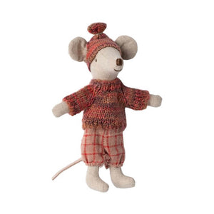 Maileg Winter Mouse Big Sister Rose in red knitted jumper, hat, and trousers for pre-order. Cute Christmas toy with ski set.