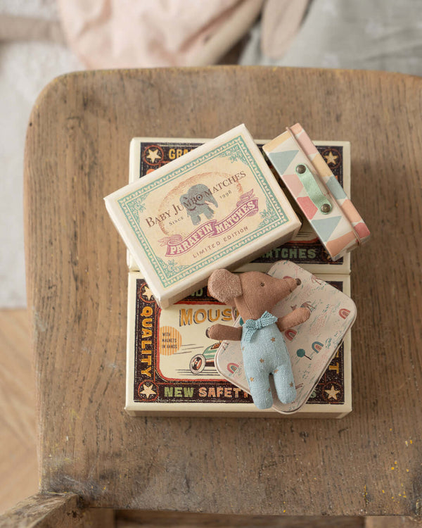 Maileg, Sleepy Wakey Baby Mouse in Matchbox - Blue