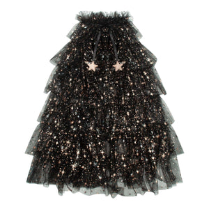 Sparkly black Mimi & Lula Ruffle Aurora Witch Cape with star patterns and ruffled layers. Perfect for magical adventures and Halloween fun!