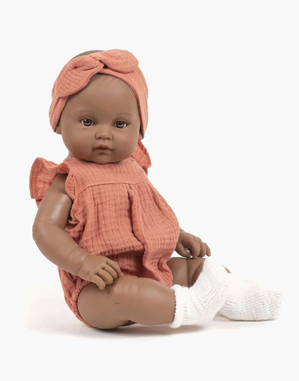 Minikane Toddlers, Augustine Dressed in Charlotte Romper and Headband (Marsala)