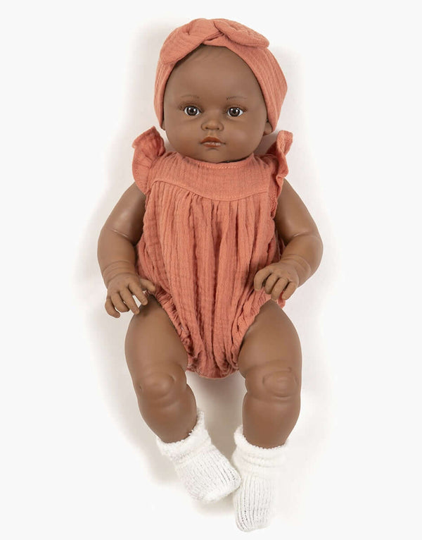 Minikane Toddlers, Augustine Dressed in Charlotte Romper and Headband (Marsala)