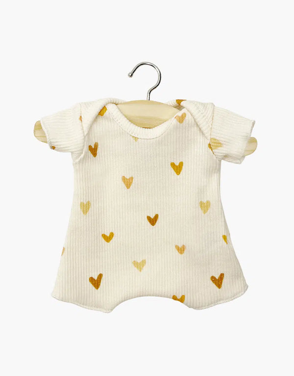 Minikane Little Hearts Ribbed Shorty Bodysuit in cream with golden hearts, perfect for 28 cm dolls, made in France.