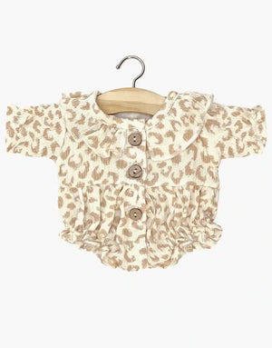 Minikane Leonore romper in cream with leopard print, perfect outfit for 34 cm dolls, designed in France.