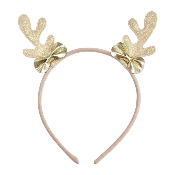 Frosted shimmer reindeer headband with gold bows and glittery antlers, perfect for festive fun and holiday celebrations.