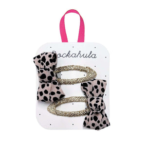 Rockahula Leopard Love Twisty Bow Clips on gold grosgrain ribbon wrapped snap clips for ages 3+.