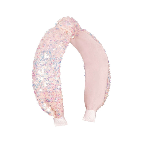 Rockahula sequin knotted headband with iridescent pastel pink sequins on soft pink fabric, perfect for adding sparkle and made from recycled plastic.