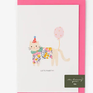 Cute cat birthday card in Liberty Wiltshire Bud fabric, with a party hat and balloon, perfect for celebrations!