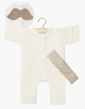 Minikane Babies Little Angel Jumpsuit in white with headband, perfect for 28 cm dolls, designed in France.