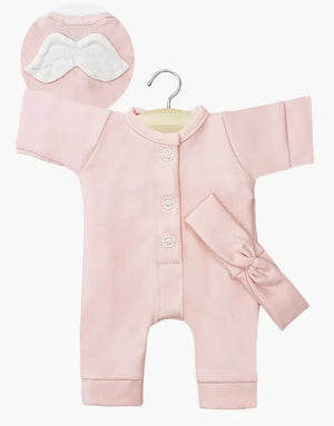 Minikane babies' Little Angel jumpsuit in pale pink with matching headband, perfect for 28 cm dolls.