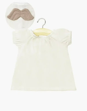 Cute white blouse with short sleeves and a decorative beige mustache patch, perfect for playful outfits.