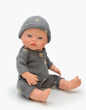 Minikane Cuties Igor doll in gray outfit, perfect for dress-up and play, suitable for ages 3 and up.