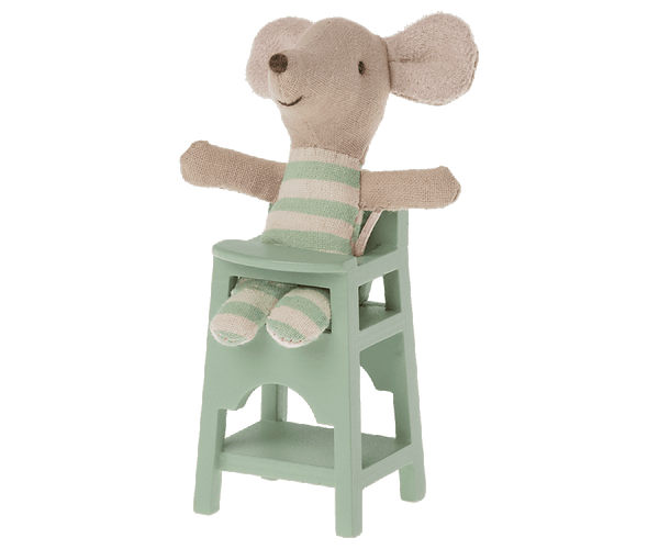 Maileg mint highchair with a cute stuffed mouse for meal times, perfect for baby mice and MY rabbits, suitable for kids 3 years+.