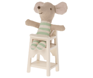 Adorable Maileg mouse in striped outfit sitting in off-white wooden high chair, perfect for baby mice or MY rabbits.