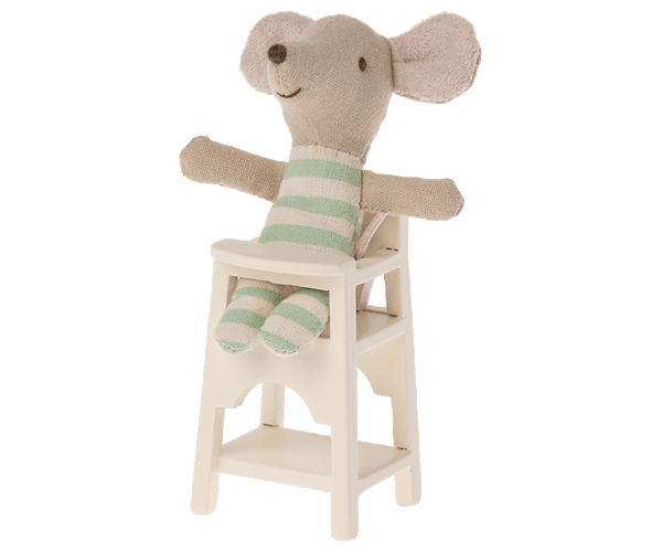 Adorable Maileg mouse in striped outfit sitting in off-white wooden high chair, perfect for baby mice or MY rabbits.