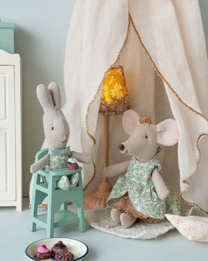 Maileg High Chair Mouse Mint with adorable mouse and rabbit plush toys enjoying tea time in a cozy tent setting